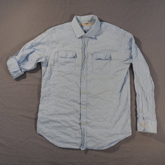 Tommy Bahama Other - Tommy Bahama Shirt Mens Large Blue Stripe Embroidered Monochrome Roll Tab Sleeve